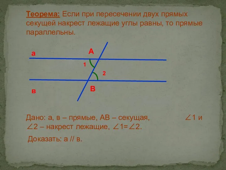 Теорема: Если при пересечении двух прямых секущей накрест лежащие углы равны,