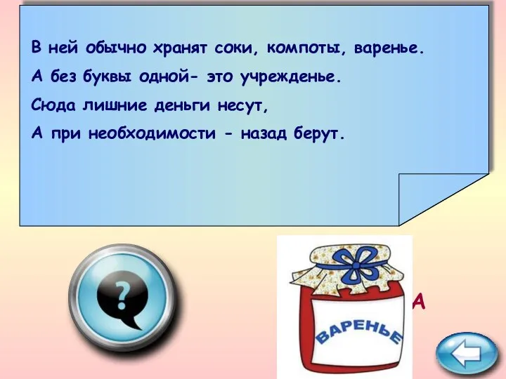 ПОДСКАЗКА банк В ней обычно хранят соки, компоты, варенье. А без