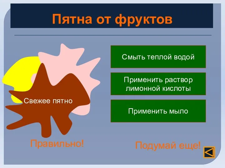 Пятна от фруктов Свежее пятно Смыть теплой водой Применить раствор лимонной