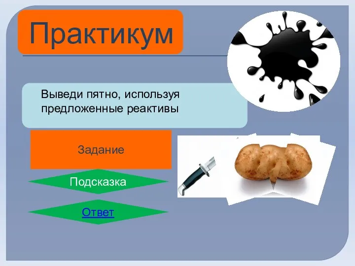 Практикум 1. Сделай пятно йодной настойкой на белой ткани Задание Выведи