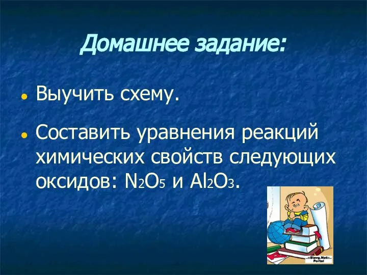 Домашнее задание: Выучить схему. Составить уравнения реакций химических свойств следующих оксидов: N2O5 и Al2O3.