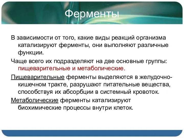 Ферменты В зависимости от того, какие виды реакций организма катализируют ферменты,