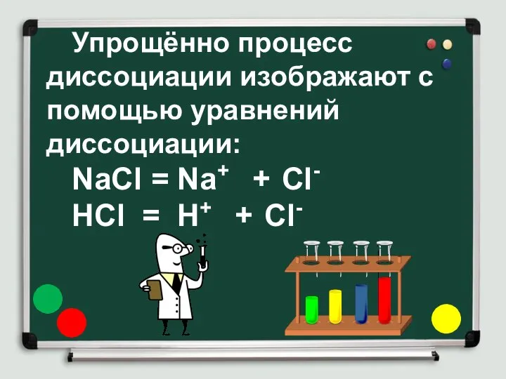 Упрощённо процесс диссоциации изображают с помощью уравнений диссоциации: NaCl = Na+