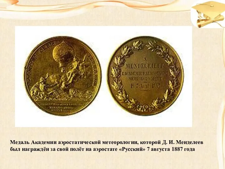 Медаль Академии аэростатической метеорологии, которой Д. И. Менделеев был награждён за