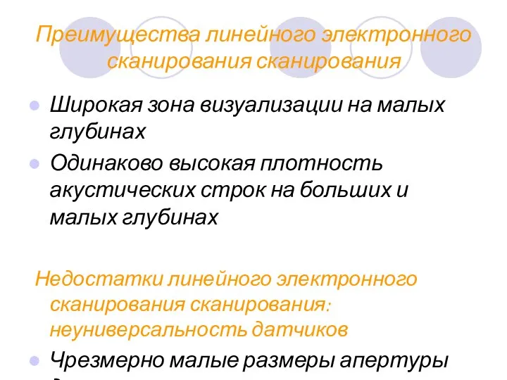 Преимущества линейного электронного сканирования сканирования Широкая зона визуализации на малых глубинах