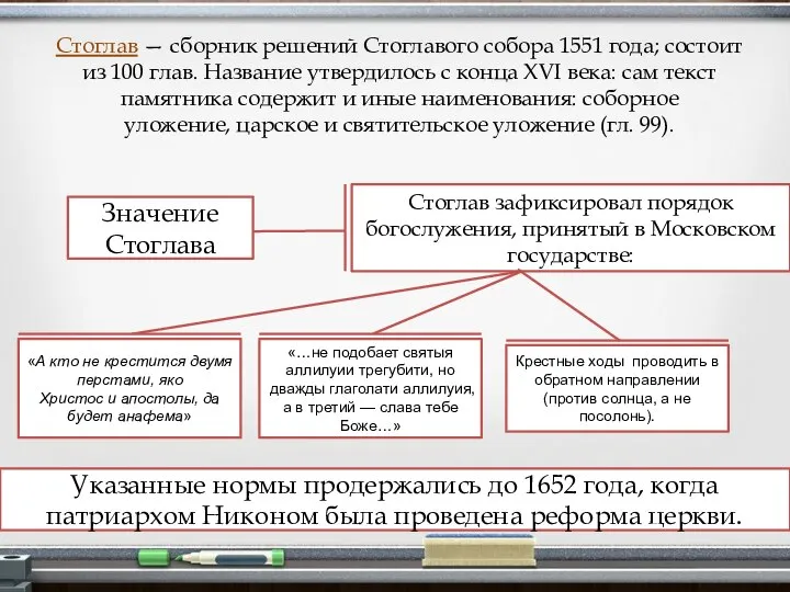 Стоглав — сборник решений Стоглавого собора 1551 года; состоит из 100