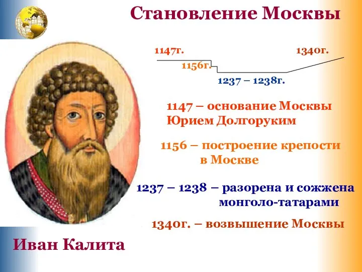 1147г. 1156г. 1237 – 1238г. 1340г. 1147 – основание Москвы Юрием