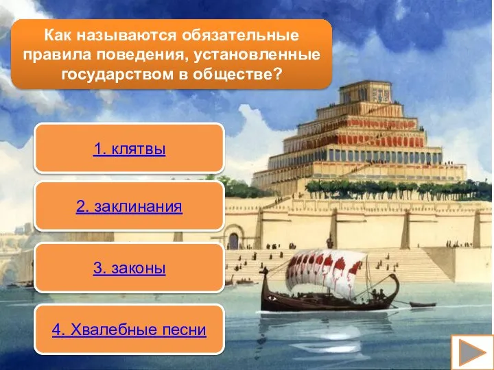 Как называются обязательные правила поведения, установленные государством в обществе? 1. клятвы