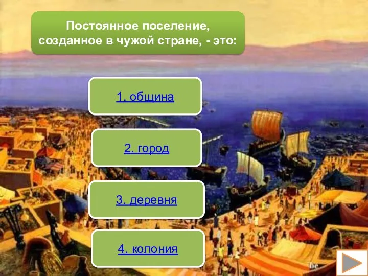 Постоянное поселение, созданное в чужой стране, - это: 1. община 2. город 3. деревня 4. колония