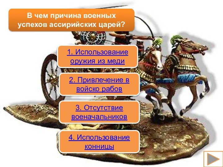 В чем причина военных успехов ассирийских царей? 1. Использование оружия из