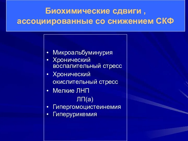 Микроальбуминурия Хронический воспалительный стресс Хронический окислительный стресс Мелкие ЛНП ЛП(а) Гипергомоцистеинемия