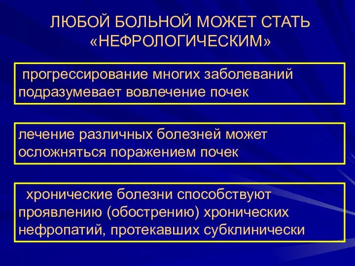 ЛЮБОЙ БОЛЬНОЙ МОЖЕТ СТАТЬ «НЕФРОЛОГИЧЕСКИМ» прогрессирование многих заболеваний подразумевает вовлечение почек