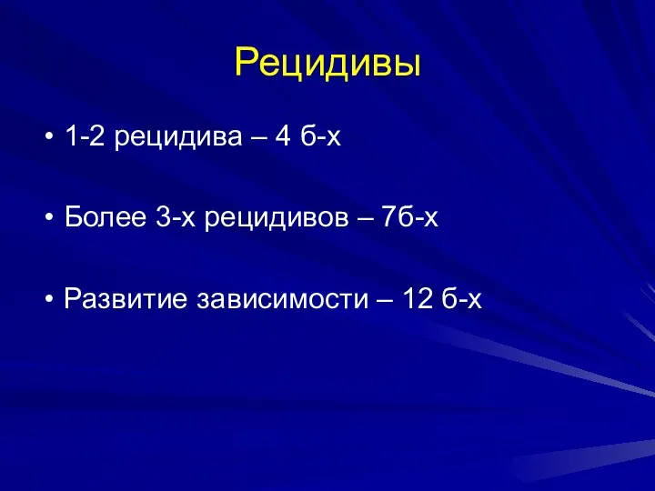 Рецидивы 1-2 рецидива – 4 б-х Более 3-х рецидивов – 7б-х Развитие зависимости – 12 б-х