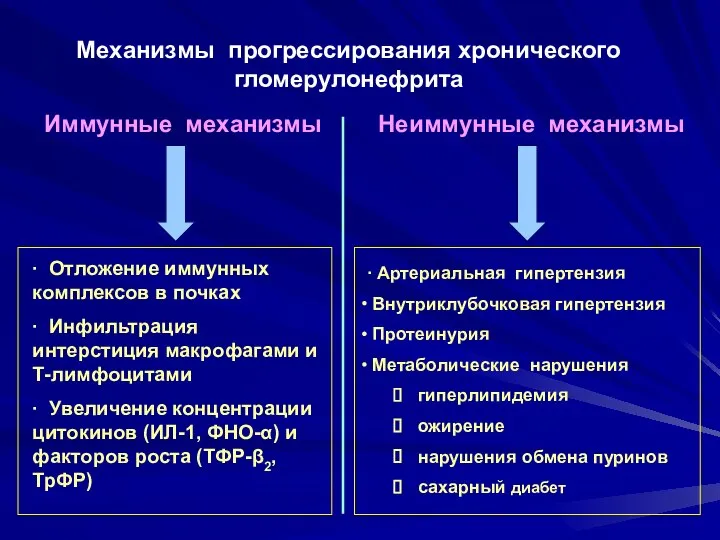 Механизмы прогрессирования хронического гломерулонефрита Иммунные механизмы Неиммунные механизмы ∙ Артериальная гипертензия