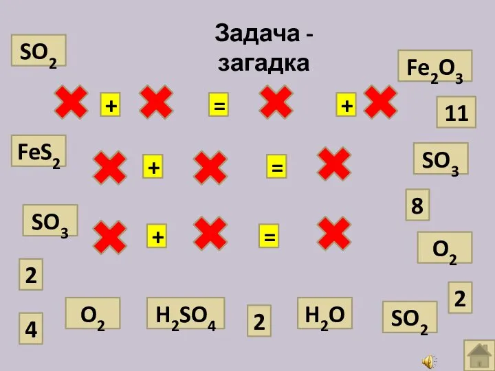 Задача - загадка SO3 Fe2O3 H2O H2SO4 SO3 O2 SO2 SO2
