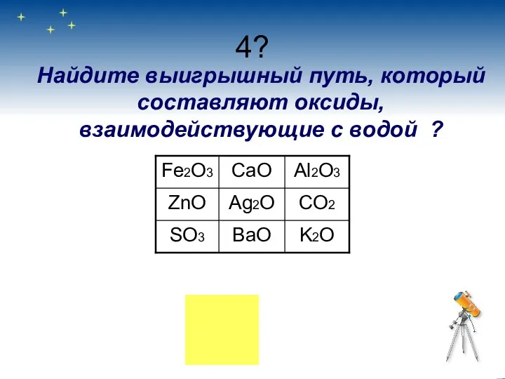 4? Найдите выигрышный путь, который составляют оксиды, взаимодействующие с водой ?