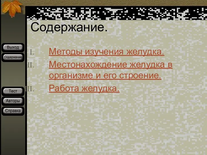 Содержание. Методы изучения желудка. Местонахождение желудка в организме и его строение. Работа желудка.