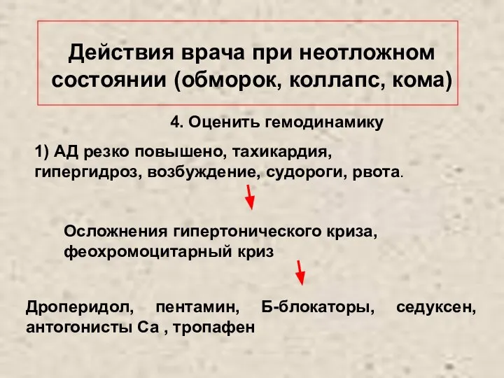 Действия врача при неотложном состоянии (обморок, коллапс, кома) 4. Оценить гемодинамику