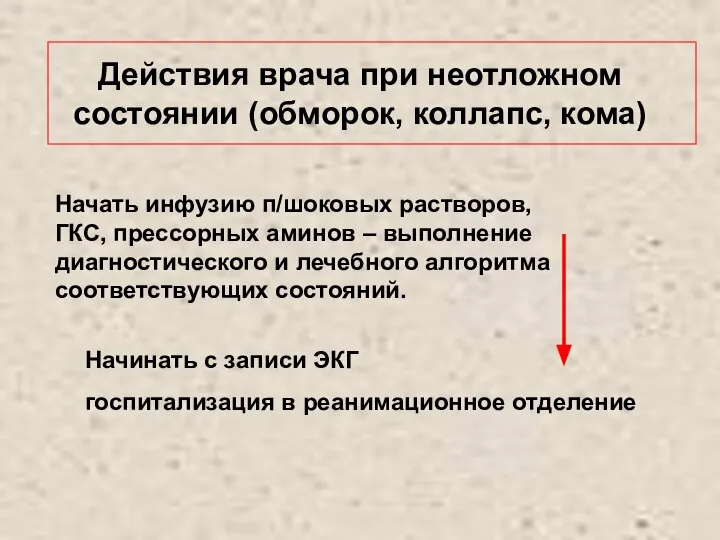 Действия врача при неотложном состоянии (обморок, коллапс, кома) Начать инфузию п/шоковых