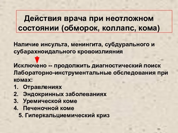 Действия врача при неотложном состоянии (обморок, коллапс, кома) Наличие инсульта, менингита,