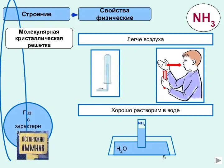 Свойства физические Строение Легче воздуха Хорошо растворим в воде H2O NH3 Молекулярная кристаллическая решетка