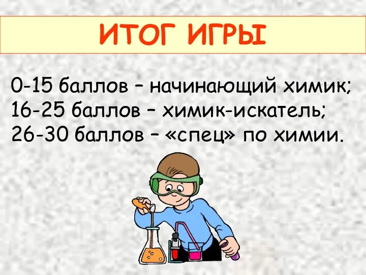 ИТОГ ИГРЫ 0-15 баллов – начинающий химик; 16-25 баллов – химик-искатель;