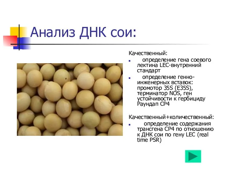 Анализ ДНК сои: Качественный: определение гена соевого лектина LEC-внутренний стандарт определение