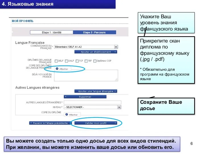 Укажите Ваш уровень знания французского языка 4. Языковые знания Прикрепите скан