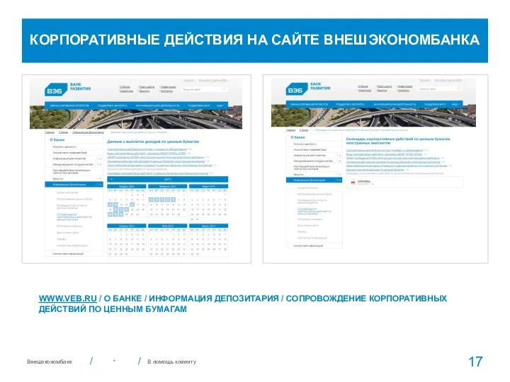 В помощь клиенту * КОРПОРАТИВНЫЕ ДЕЙСТВИЯ НА САЙТЕ ВНЕШЭКОНОМБАНКА WWW.VEB.RU /
