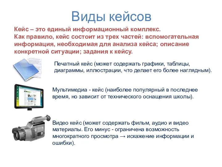 Виды кейсов Кейс – это единый информационный комплекс. Как правило, кейс