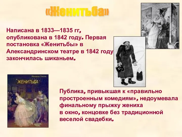 Написана в 1833—1835 гг, опубликована в 1842 году. Первая постановка «Женитьбы»