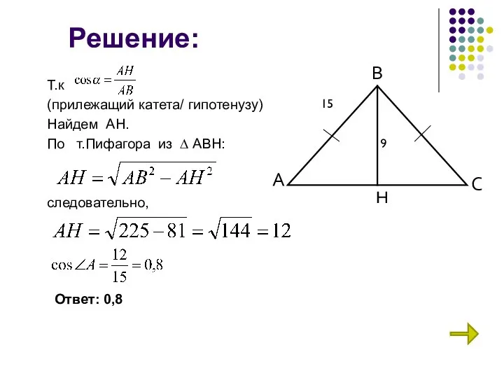 Решение: Т.к (прилежащий катета/ гипотенузу) Найдем АН. По т.Пифагора из ∆