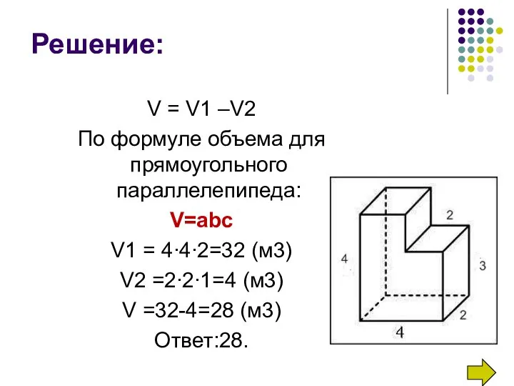 V = V1 –V2 По формуле объема для прямоугольного параллелепипеда: V=abc