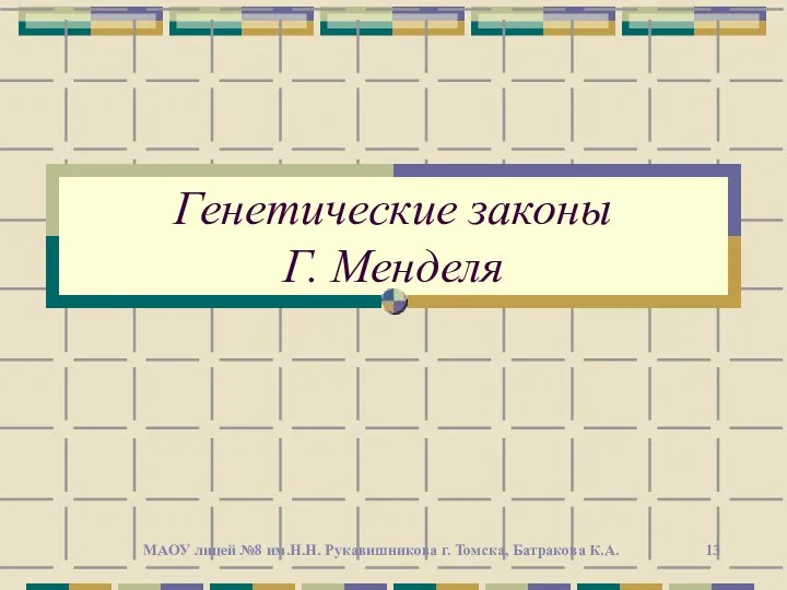 Генетические законы Г. Менделя МАОУ лицей №8 им.Н.Н. Рукавишникова г. Томска, Батракова К.А.