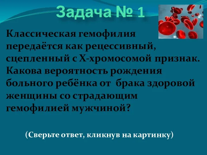 Задача № 1 Классическая гемофилия передаётся как рецессивный, сцепленный с Х-хромосомой