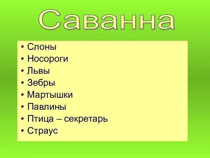 Слоны Носороги Львы Зебры Мартышки Павлины Птица – секретарь Страус Саванна