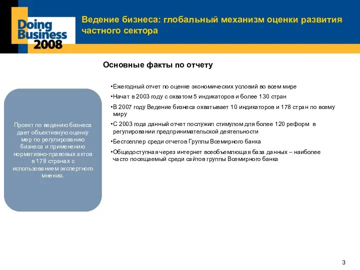 Ведение бизнеса: глобальный механизм оценки развития частного сектора Проект по ведению