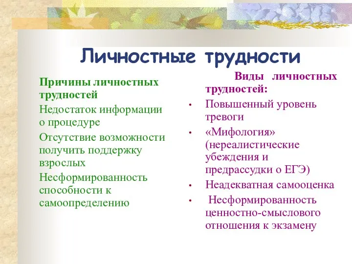 Личностные трудности Причины личностных трудностей Недостаток информации о процедуре Отсутствие возможности