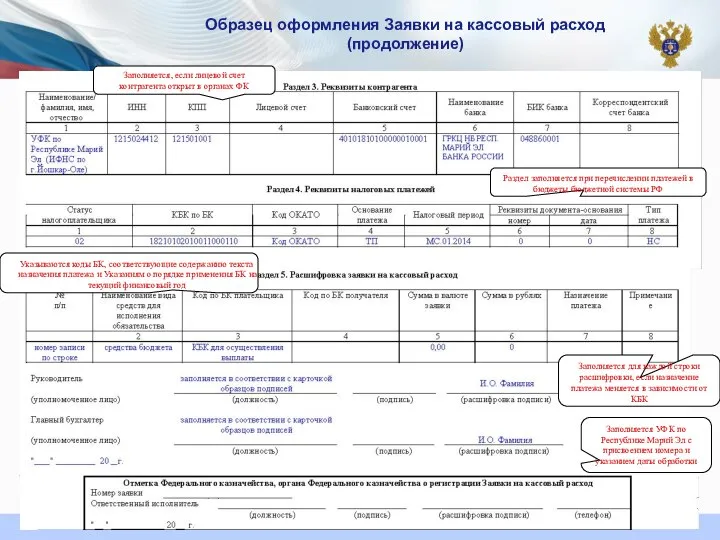 Образец оформления Заявки на кассовый расход (продолжение) Заполняется УФК по Республике