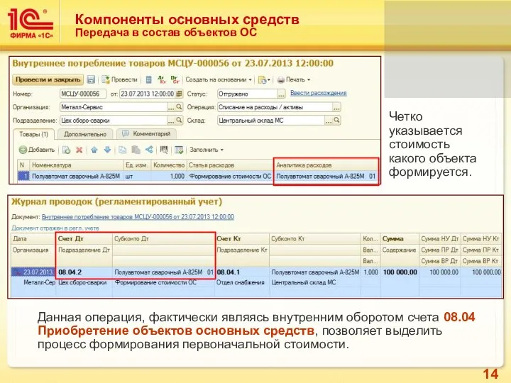 Компоненты основных средств Передача в состав объектов ОС Четко указывается стоимость