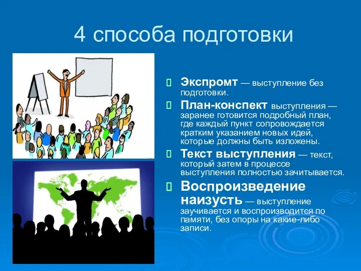 4 способа подготовки Экспромт — выступление без подготовки. План-конспект выступления —