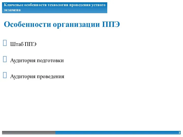 Особенности организации ППЭ Штаб ППЭ Аудитория подготовки Аудитория проведения Ключевые особенности технологии проведения устного экзамена