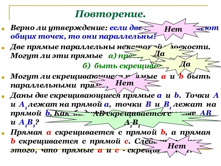 Повторение. Верно ли утверждение: если две прямые не имеют общих точек,