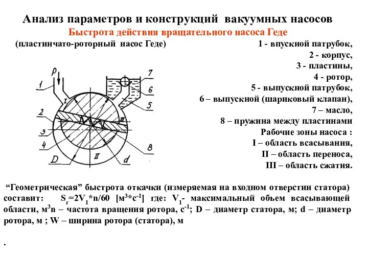 Анализ параметров и конструкций вакуумных насосов Быстрота действия вращательного насоса Геде