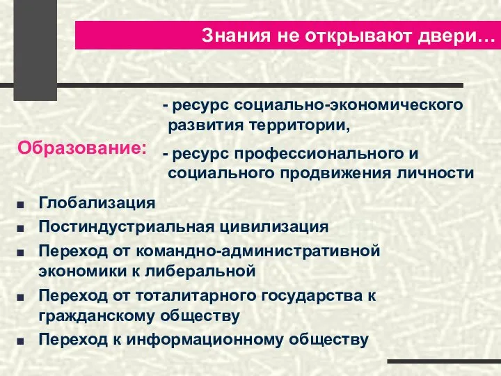 Знания не открывают двери… Глобализация Постиндустриальная цивилизация Переход от командно-административной экономики