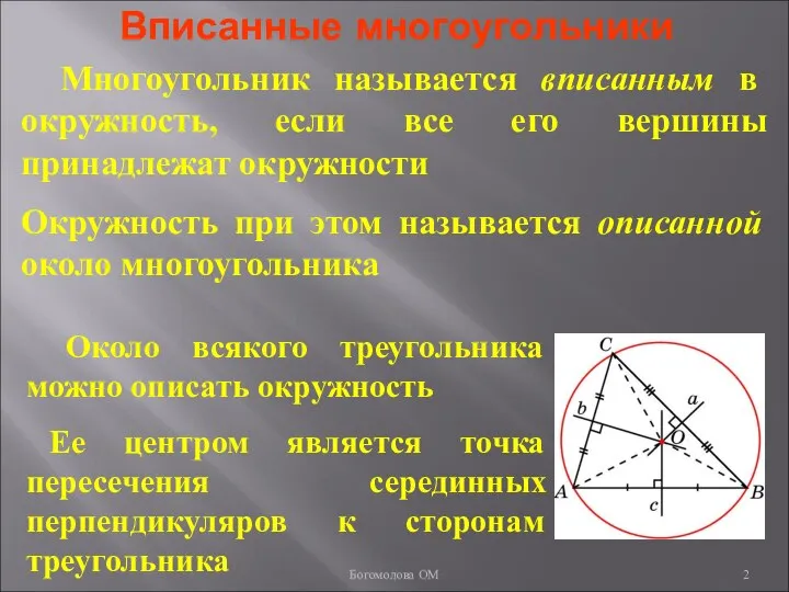 Вписанные многоугольники Многоугольник называется вписанным в окружность, если все его вершины