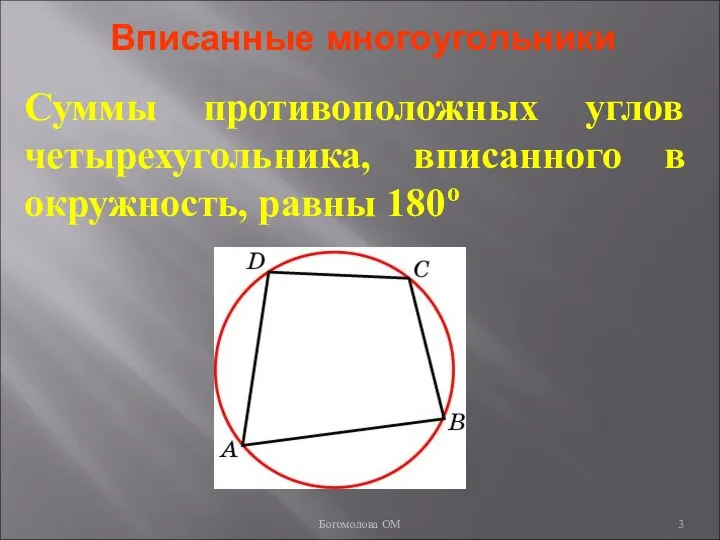 Вписанные многоугольники Суммы противоположных углов четырехугольника, вписанного в окружность, равны 180о Богомолова ОМ