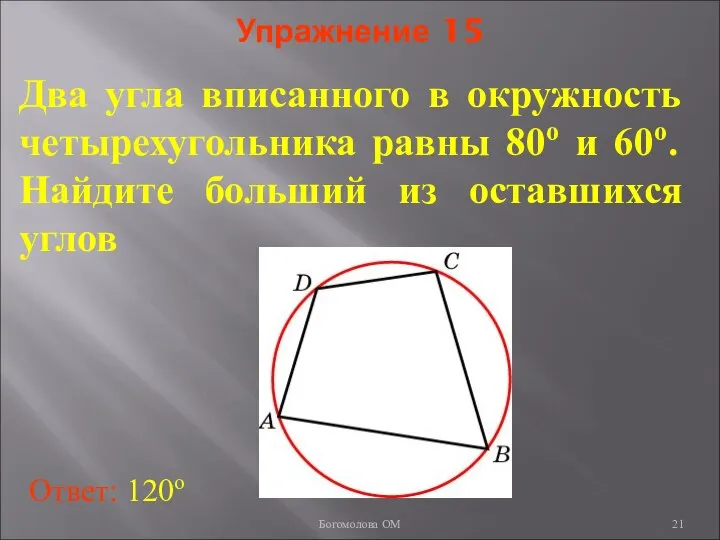 Упражнение 15 Два угла вписанного в окружность четырехугольника равны 80о и
