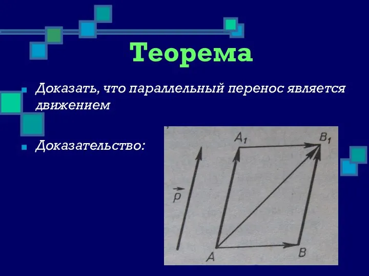 Теорема Доказать, что параллельный перенос является движением Доказательство: