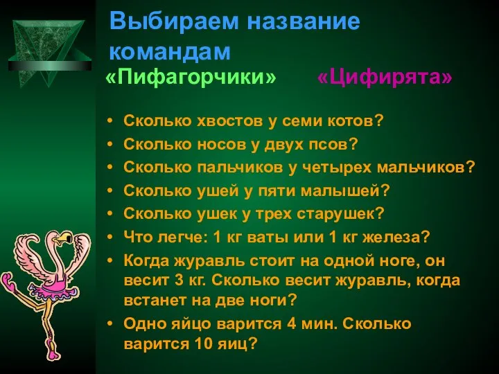 Выбираем название командам «Пифагорчики» «Цифирята» Сколько хвостов у семи котов? Сколько